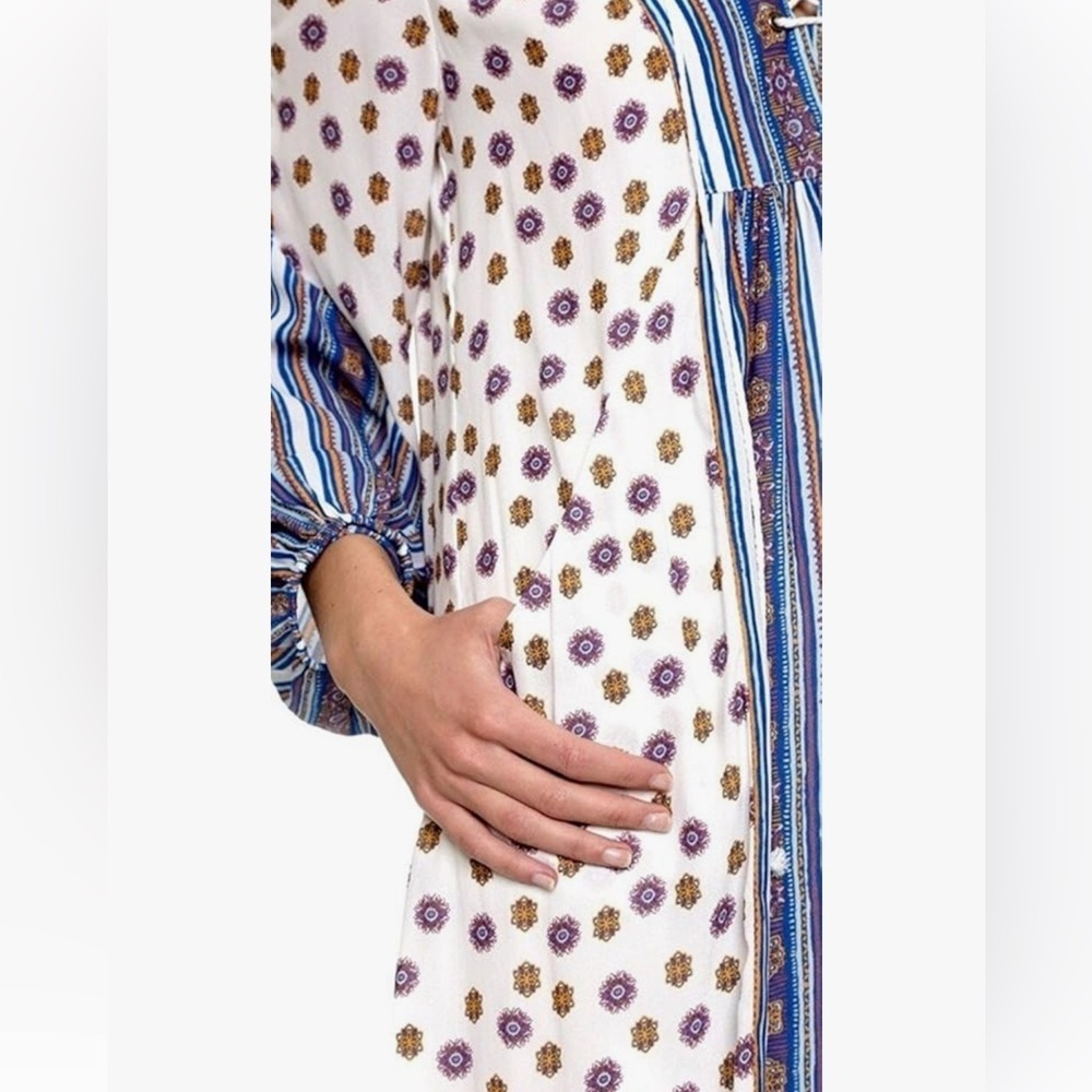 Free People Rain or shine mini boho dress cream blue sz XS - Picture 3 of 9